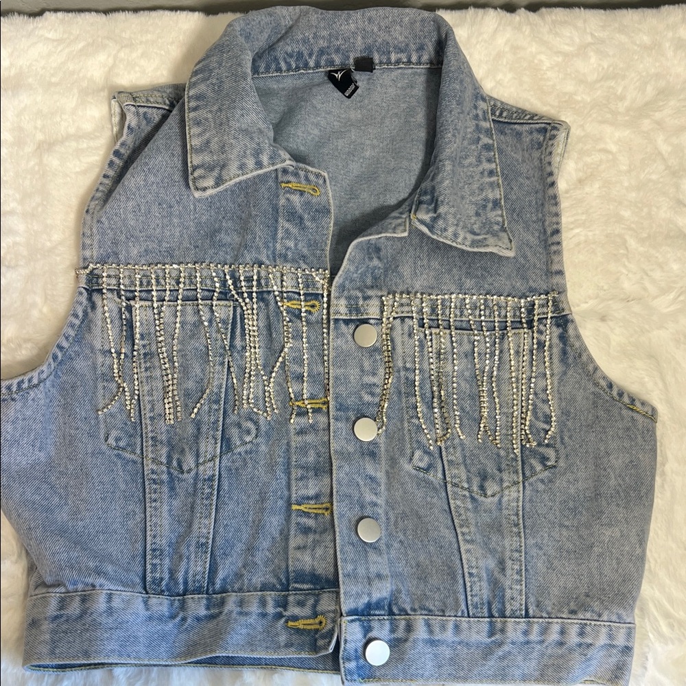 Windsor Light Blue Denim Vest with Rhinestone Fringe Size M